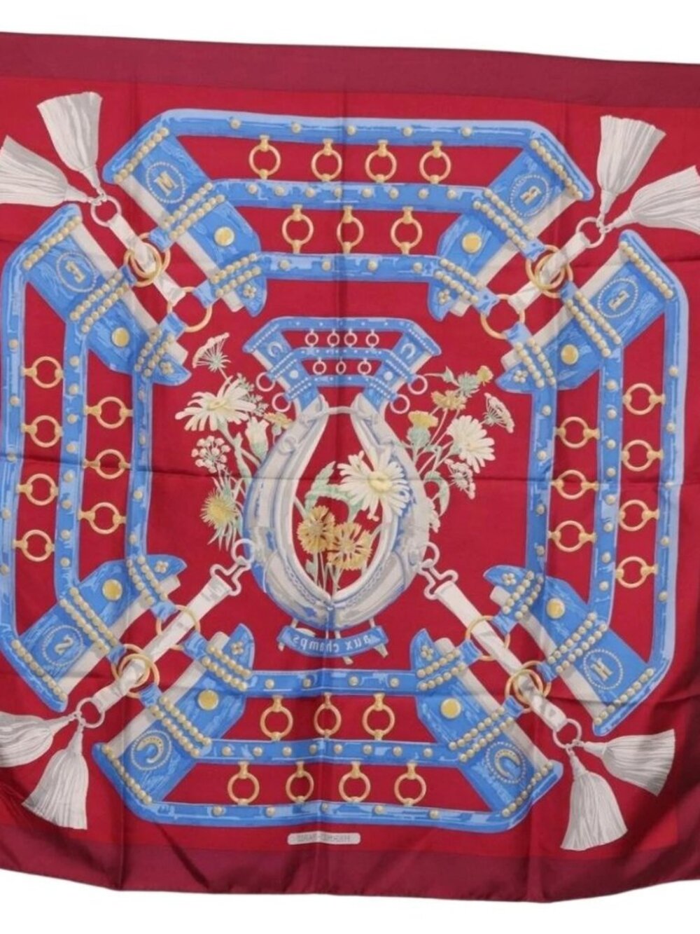 HERMES Carre 90 Scarf ""aux champs"" Silk Red Auth 183130